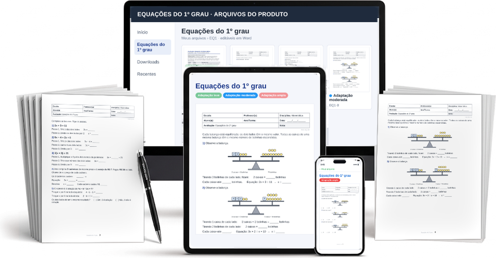 A mesma avaliação de equações do 1º grau em três adaptações, aberta em monitor, tablet e celular, com folhas impressas ao lado.