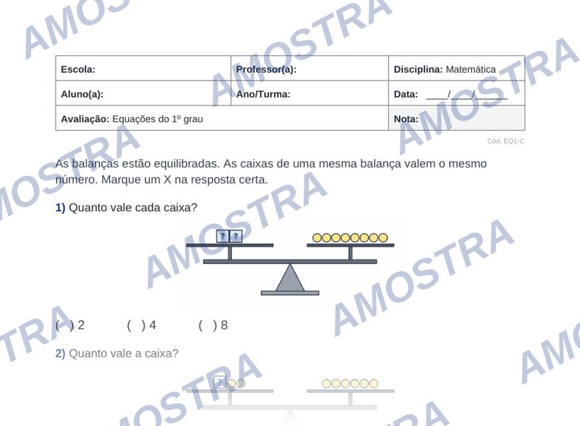 Adaptação ampla: balanças com valores pequenos e opções de múltipla escolha.