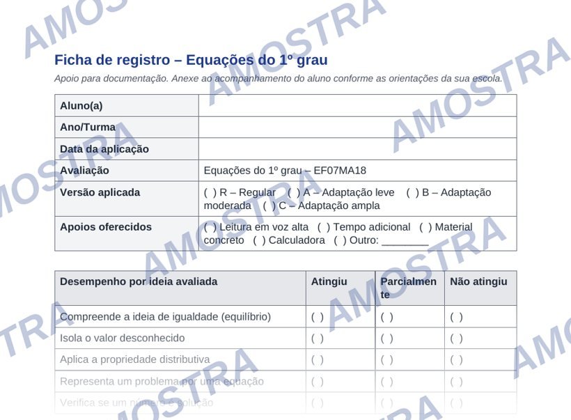 Ficha de registro com versão aplicada, apoios oferecidos e desempenho por ideia avaliada.