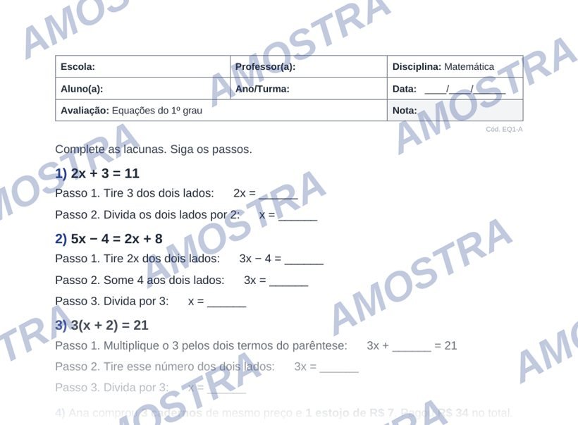 Adaptação leve: as mesmas equações com passos guiados e lacunas.