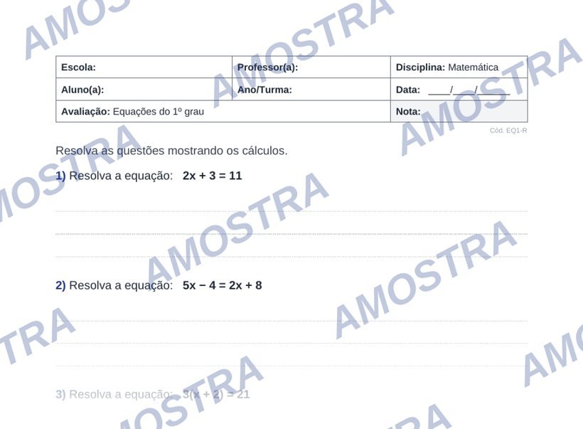 Versão regular: cinco questões de equações com linhas pontilhadas para os cálculos.